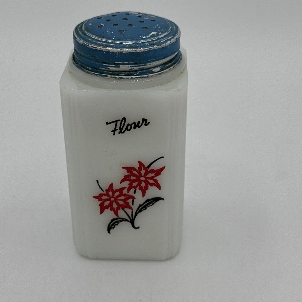 RARE Vtg Tipp City McKee Milk Glass Flour Shaker Red Poinsettia Blue Lid Range